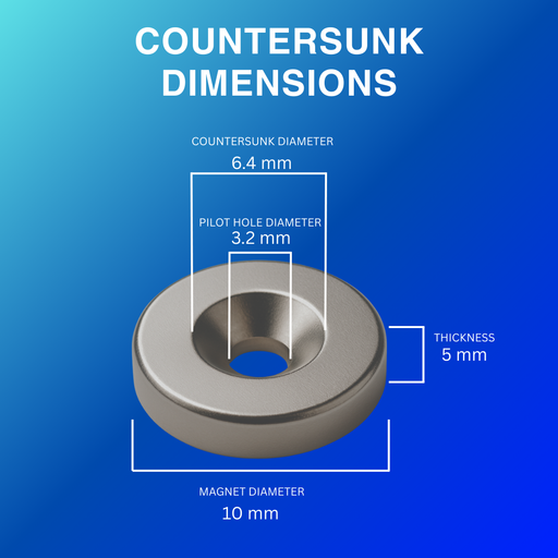 Metal countersunk magnet with dimensions labelled on a blue background. Diameter 10 mm, Thickness 5 mm, Countersunk hole 3.2 mm.