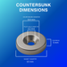 Metal countersunk magnet with dimensions labelled on a blue background. Diameter 10 mm, Thickness 5 mm, Countersunk hole 3.2 mm.