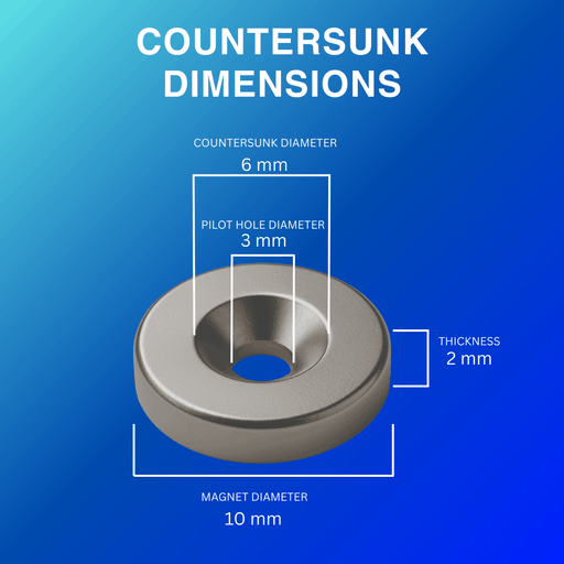 Image of Nickel coated countersunk magnet with magnet dimensions on a blue background
Magnet Diameter 10mm
Thickness 2mm
Pilot hole diameter 3mm
Countersunk diameter 6mm