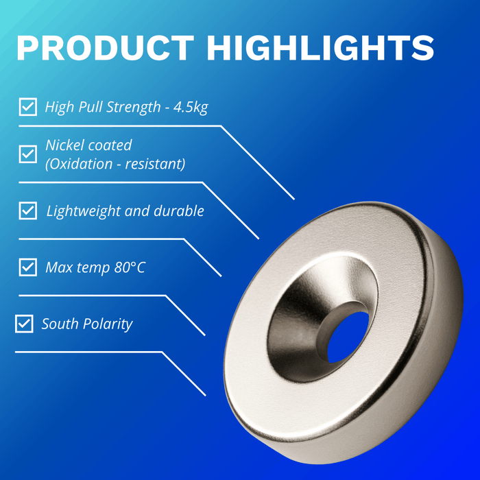 Image of Nickel coated countersunk magnet 20mm x 3mm x 3.6mm south polarity with product highlight text on a blue background
High pull strength 4.5kg
Nickle coated (oxidation - resistant)
Lightweight and durable
Max temp 80oC
South Polarity