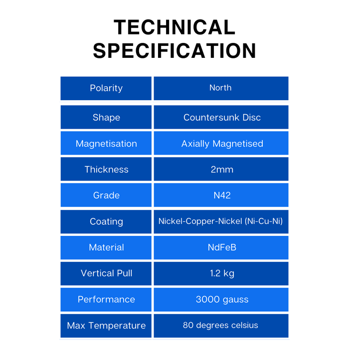 Technical specifications of a 10mm x 2mm x 3mm North countersunk magnet on a white background
