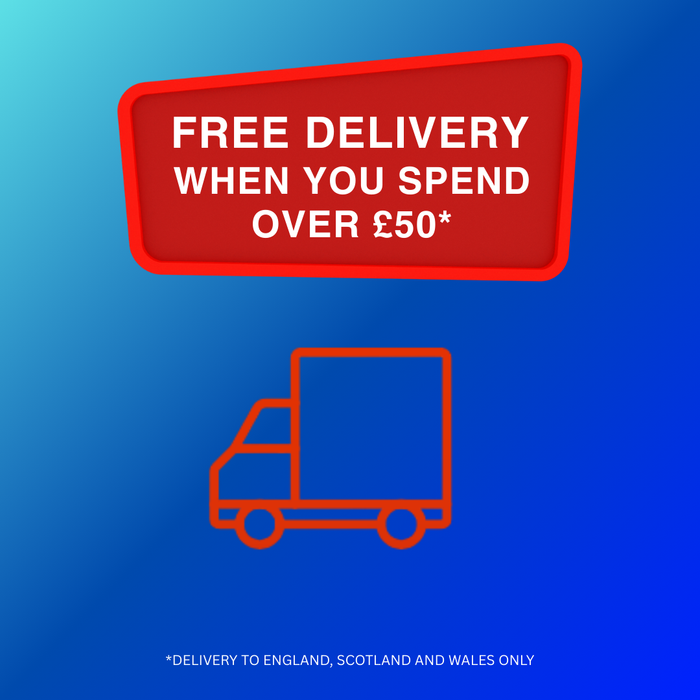 Red sign with free delivery offer on a blue background with a truck icon.