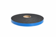 Roll of black foam tape with blue adhesive strip on a white background