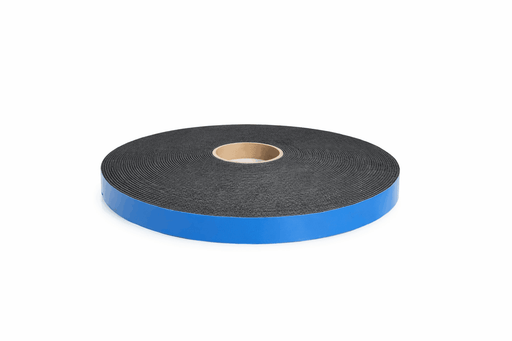 Roll of black foam tape with blue adhesive strip on a white background