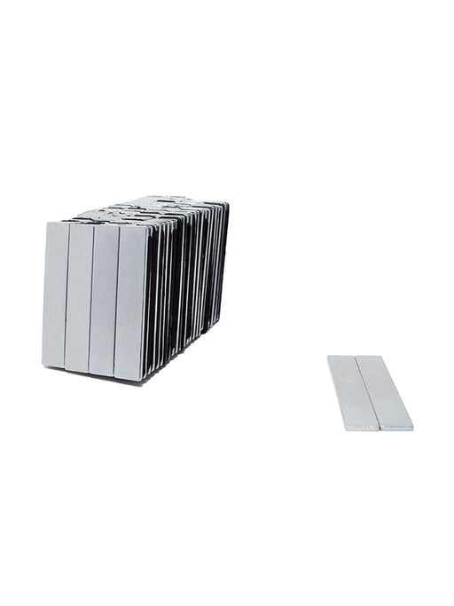 Rectangle magnets in a pile. Zinc Plated N35 Neo Magnet 50mm x 10mm x 1.5mm Self-adhesive on one side