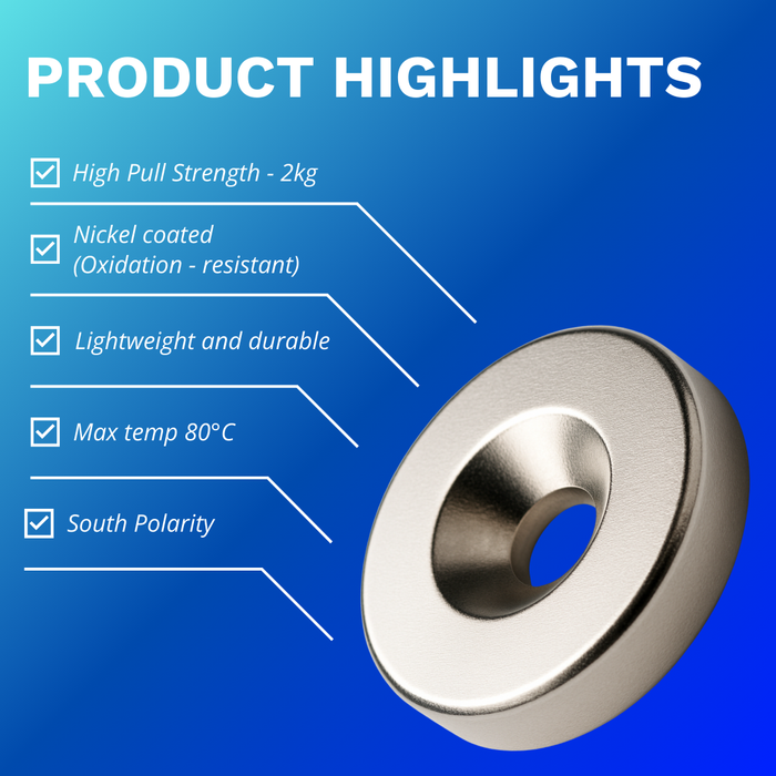 Countersunk magnet with product highlights on a blue background. Highlights include 2kg pull strength, nickel coated, maximum temperature 80 degrees Celsius, South Polarity