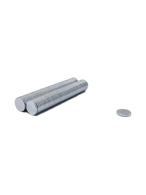 Silver neodymium disc magnets arranged in two long stacked rows, with a single flat round magnet placed separately to the right