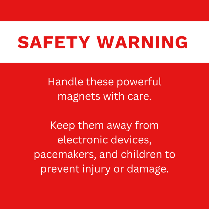 Safety warning label on a red background with text about handling powerful magnets.