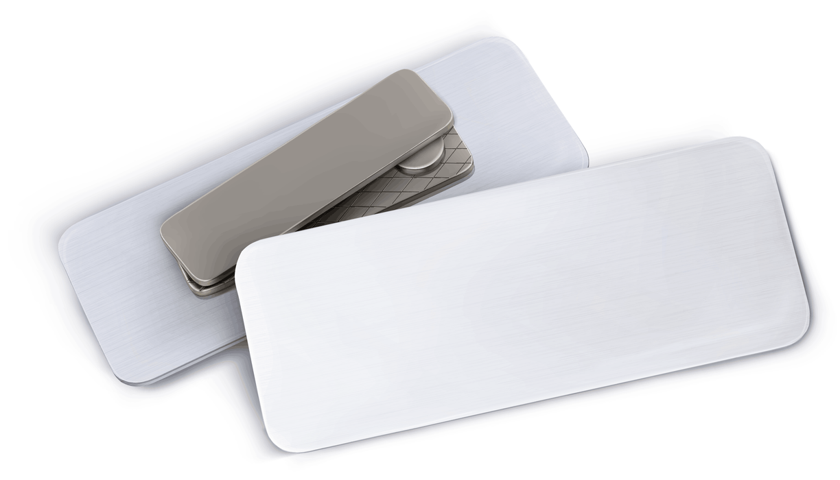 Name badge with a magnetic clasp on back, on white background