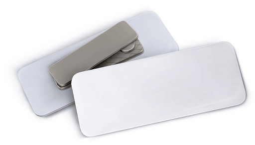 Name badge with a magnetic clasp on back, on white background