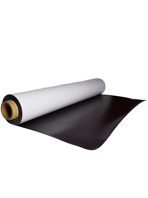 Self-adhesive backed magnetic sheets on a roll. Width 1270mm x thickness 0.5mm x length 20m. White face sheet with very dark grey/black magnetic face on reverse