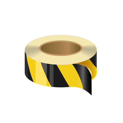 A roll of self-adhesive hazard tape with black and yellow stripes.
