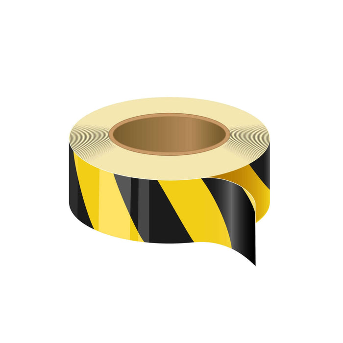 A roll of self-adhesive hazard tape with black and yellow stripes.